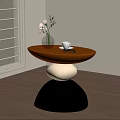 Modern Side Table with Brown Top White Black Base Vase Coffee Cup and Glasses