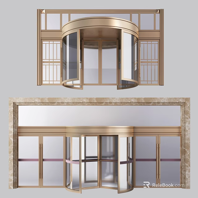 Elegant Revolving Door Design With Gold Frame Glass Panels And Marble Decoration 3d model 
