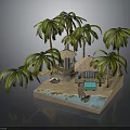 Tropical Island Scene With Palm Trees Hut And Blue Water Pool