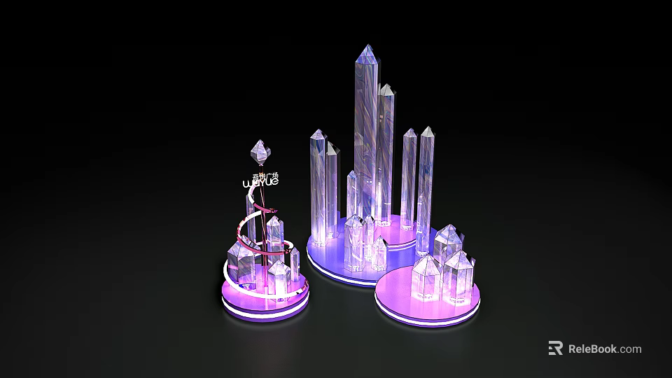 Transparent Crystal Decorative Ornaments With Purple Light Bases And Various Shapes 3d model 