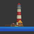 Model Lighthouse and Dock House Building on Sandy Shore with Palm Trees Umbrellas and Blue Water
