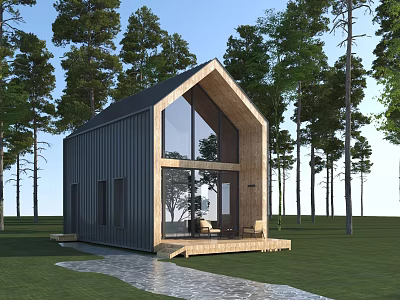 Modern Wooden Cabin With Large Glass Windows Wooden Deck Surrounded by Trees 3d model