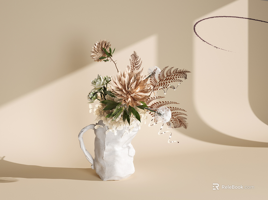 White Textured Vase With Golden Flowers Green Ferns And Light Beige Background Shadow 3d model 