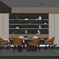 Modern Elegant Restaurant Interior With Dining Table Four Chairs Wooden Bookshelves Pendant Lights And Rug