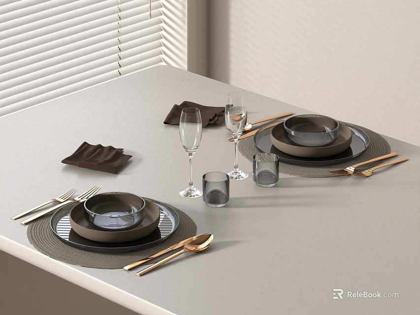 Modern Tableware Set With Golden Cutlery Dark Plates Glasses And Brown Napkins 3d model 