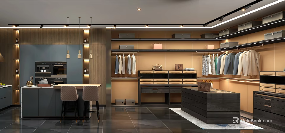 Modern Wardrobe Room With Wooden Cabinets Clothing Racks Display Shelves And Lighting 3d model 