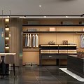 Modern Wardrobe Room With Wooden Cabinets Clothing Racks Display Shelves And Lighting