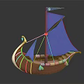 Decorative Ornament Set Small Boat Model Brown Hull White Edges Blue Sail And Flag