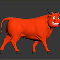 Red Cartoon Cow With Horns Smiling On Gray Background With Reflection