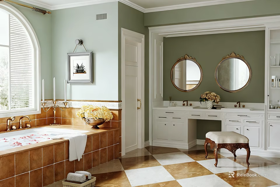 Classic Bathroom With Green Walls Arched Window Double Round Mirrors White Vanity Bathtub Tiled Floor 3d model 