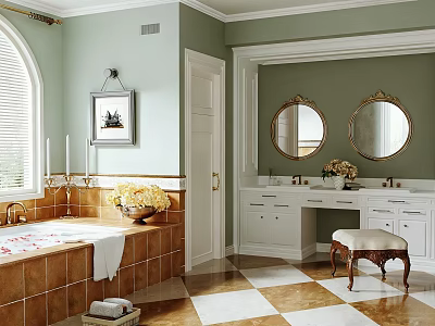 Classic Bathroom With Green Walls Arched Window Double Round Mirrors White Vanity Bathtub Tiled Floor 3d model