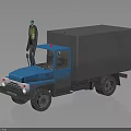 Blue Truck With Gray Cargo Box And Worker In Yellow Vest