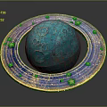 Blue Celestial Decorative Sphere With Craters Texture Golden Ring And Stars