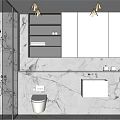 Modern Bathroom Interior With Marble Walls Large Mirror Wall Mounted Toilet Sink And Glass Shower
