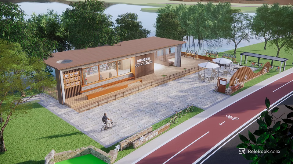 Scenic Wooden Pavilion Rest Stop With River Trees Bicycle Lane And Outdoor Seating 3d model 