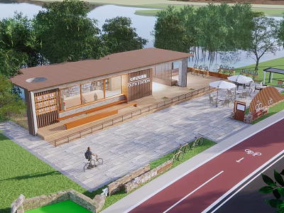 Scenic Wooden Pavilion Rest Stop With River Trees Bicycle Lane And Outdoor Seating 3d model