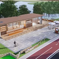 Scenic Wooden Pavilion Rest Stop With River Trees Bicycle Lane And Outdoor Seating