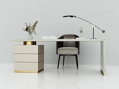Elegant Modern Desk With Gold Accents Table Lamp Dried Flowers Vase And Chair 3d model