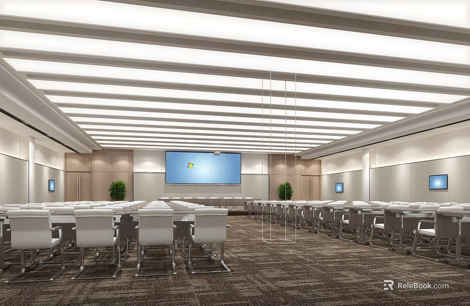 Modern Conference Room With White Chairs Arranged Tables Large Screen Striped Ceiling And Green Plants 3d model 