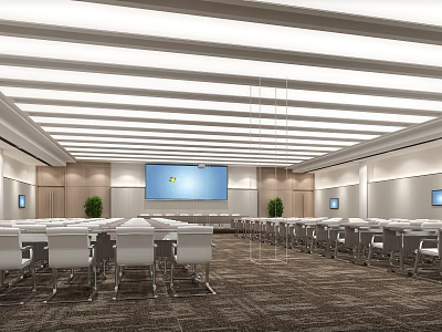 Modern Conference Room With White Chairs Arranged Tables Large Screen Striped Ceiling And Green Plants 3d model