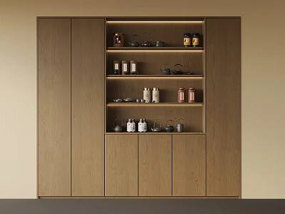Modern Wooden Storage Cabinet With Multiple Shelves And Kitchen Items 3d model