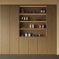 Modern Wooden Storage Cabinet With Multiple Shelves And Kitchen Items