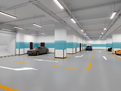 Modern Bright Spacious Underground Parking Lot With Clear Traffic Markings And Standard Parking Spaces 3d model