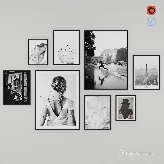 Home Wall Decor With Multiple Black and White Photo Frames And Artistic 3d model