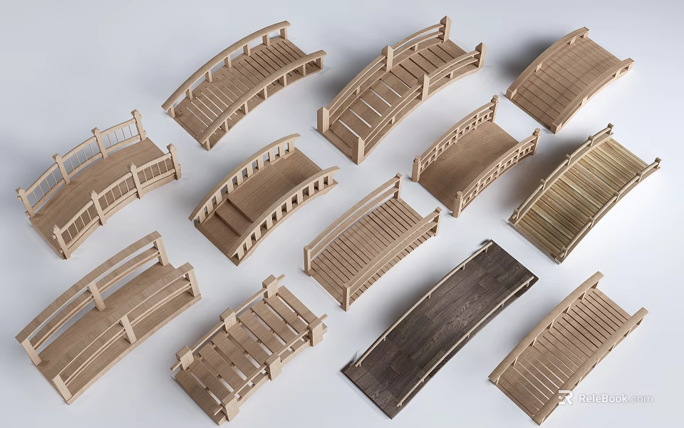Multiple Wooden Landscape Bridges With Various Design Styles And Railing Structures 3d model 