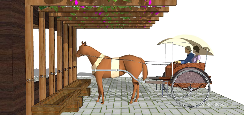 Wooden Pergola With Vines Purple Flowers Horse And Carriage On Stone Paved Ground 3d model 