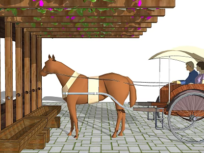 Wooden Pergola With Vines Purple Flowers Horse And Carriage On Stone Paved Ground 3d model