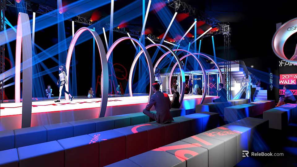 Tobacco and Liquor Store Interior With Arched Structures Colorful Lighting and Customers 3d model 