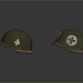 Military Weapons Gear Featuring Multiple Green Helmets With Orange Edges And White Emblems 3d model