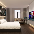 Modern Hotel Room Interior With Large Bed Art Wall TV And Wooden Flooring
