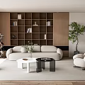 Modern Living Room Interior With Beige Sofa Wooden Bookshelf And Green Plants