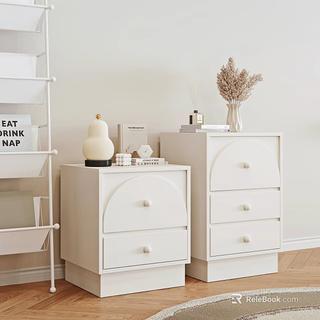 White Bedside Tables With Drawer Design And Gourd Decor Aromatherapy Diffuser Dried Flower Vase And Books 3d model 