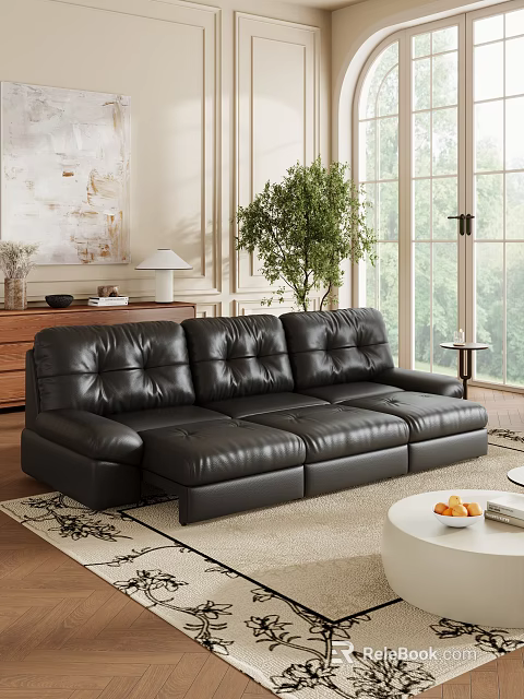 Elegant Living Room Interior Design With Black Leather Sofa Wooden Cabinet And Green Plant 3d model 