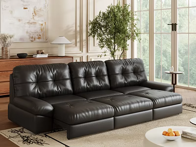 Elegant Living Room Interior Design With Black Leather Sofa Wooden Cabinet And Green Plant 3d model
