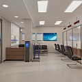 Modern Service Hall Interior with Ticket Dispenser Service Counter Large Screen and Comfortable Chairs