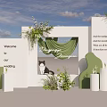 Wedding Decor Scene Featuring Welcome Sign Dog Green Curtain White Arch And Floral Arrangements