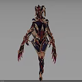 Futuristic Armored Character With Biomechanical Creature Design And Detailed Red Blue White Exoskeleton