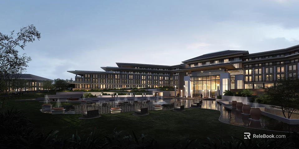 Modern Hotel Building With Contemporary Architecture Water Features And Evening Illumination 3d model 