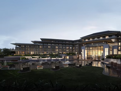 Modern Hotel Building With Contemporary Architecture Water Features And Evening Illumination 3d model