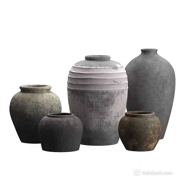 Handcrafted Ceramic Vessels In Various Sizes With Rustic Texture And Neutral Tones 3d model