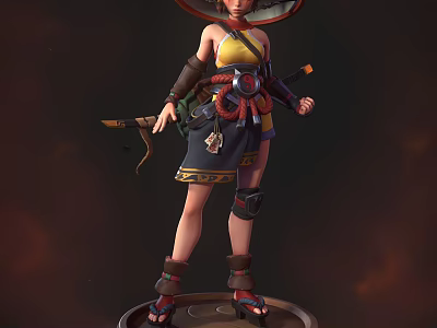 Game Fantasy Warrior Character In Yellow Top Dark Skirt With Large Hat And Dual Blades 3d model