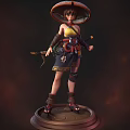 Game Fantasy Warrior Character In Yellow Top Dark Skirt With Large Hat And Dual Blades