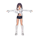 Game Anime Character With Purple Hair Ponytail White Top Black Shorts Arms Outstretched