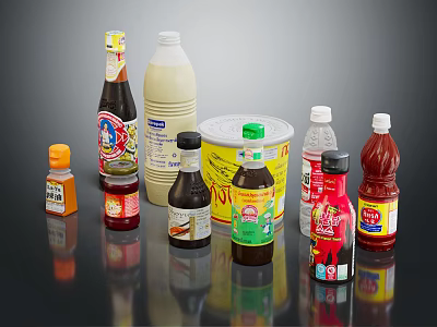 Various Bottled Condiments Sauces And Beverages For Kitchen Cooking 3d model