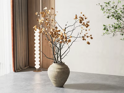 Textured Earthenware Vase With Dried Branches In Minimalist Interior 3d model