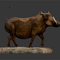 Warthog Taxidermy Specimen Standing On Stone Base With Brown Fur And Tusks